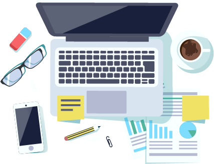 image of a laptop, phone, paperwork and coffee